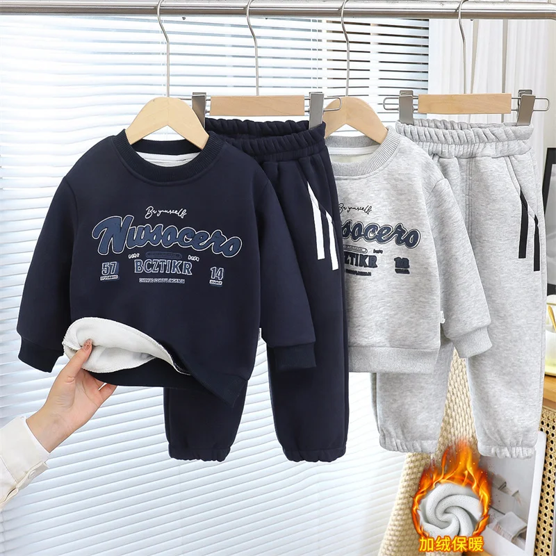 Winter Sweatshirt Warm Suits Boys Thickened O-Neck Top+Pants 2Pc Outfits Children Casual Comfortable Plush Thermal Clothes Sets