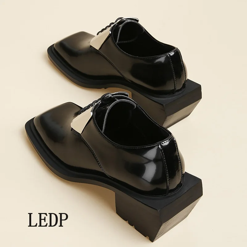 LEDP Brand Men British Derby Shoes 2024 New Trend Design Sense Metal Decorative Square Head Small Leather Shoes High Quality