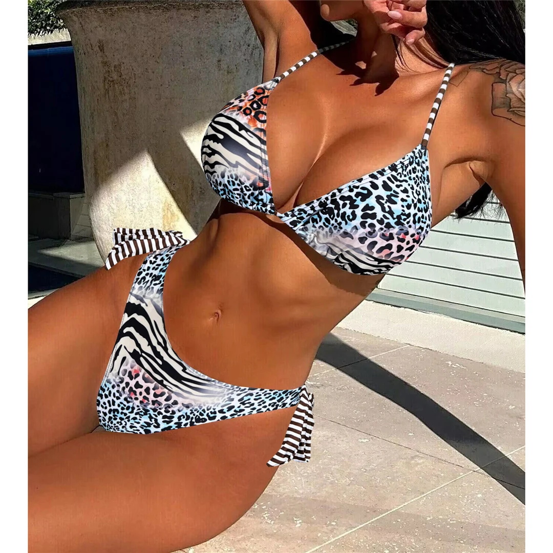 Leopard Halter Bikini mit hohem Beinausschnitt, zweiteiliger Badeanzug für Damen, Badebekleidung, Badeanzug, Schwimmbikini V6057 – Detail 7