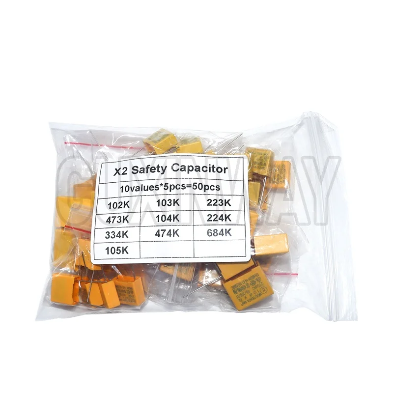 50pcs 275VAC 10Values Each 5pcs 1NF - 1UF Polypropylene Film X2 Safety Capacitor Assorted Kit