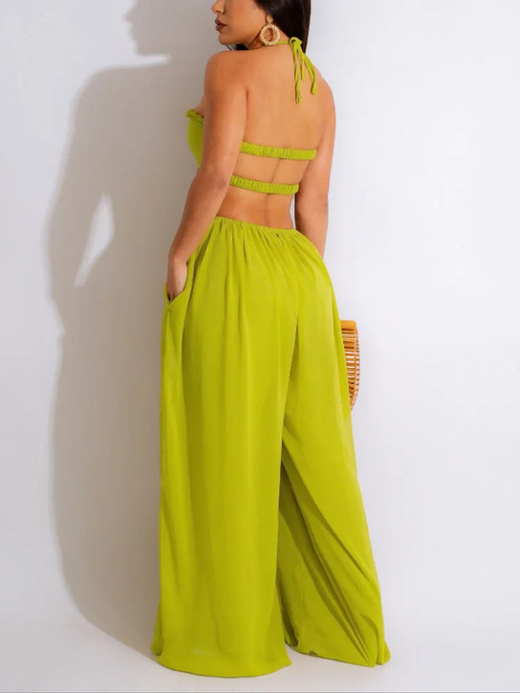 

Women's Sexy Solid Color Hollow Out High Waist Wide Leg Bandeau Jumpsuits Sleeveless Rompers
