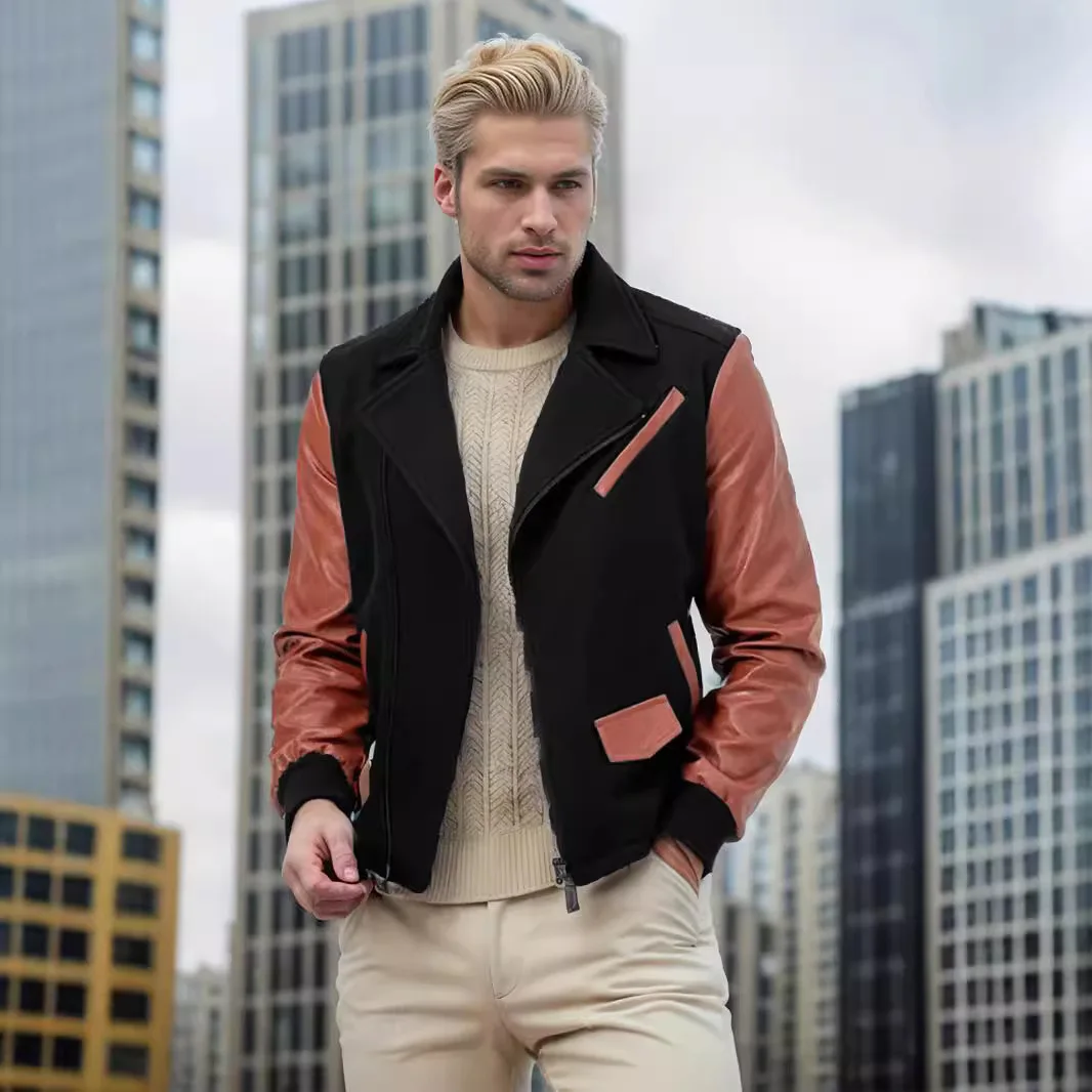 New PU Leather Splicing Woolen Men's Jacket Lapel Color Matching Zipper Jacket Coat
