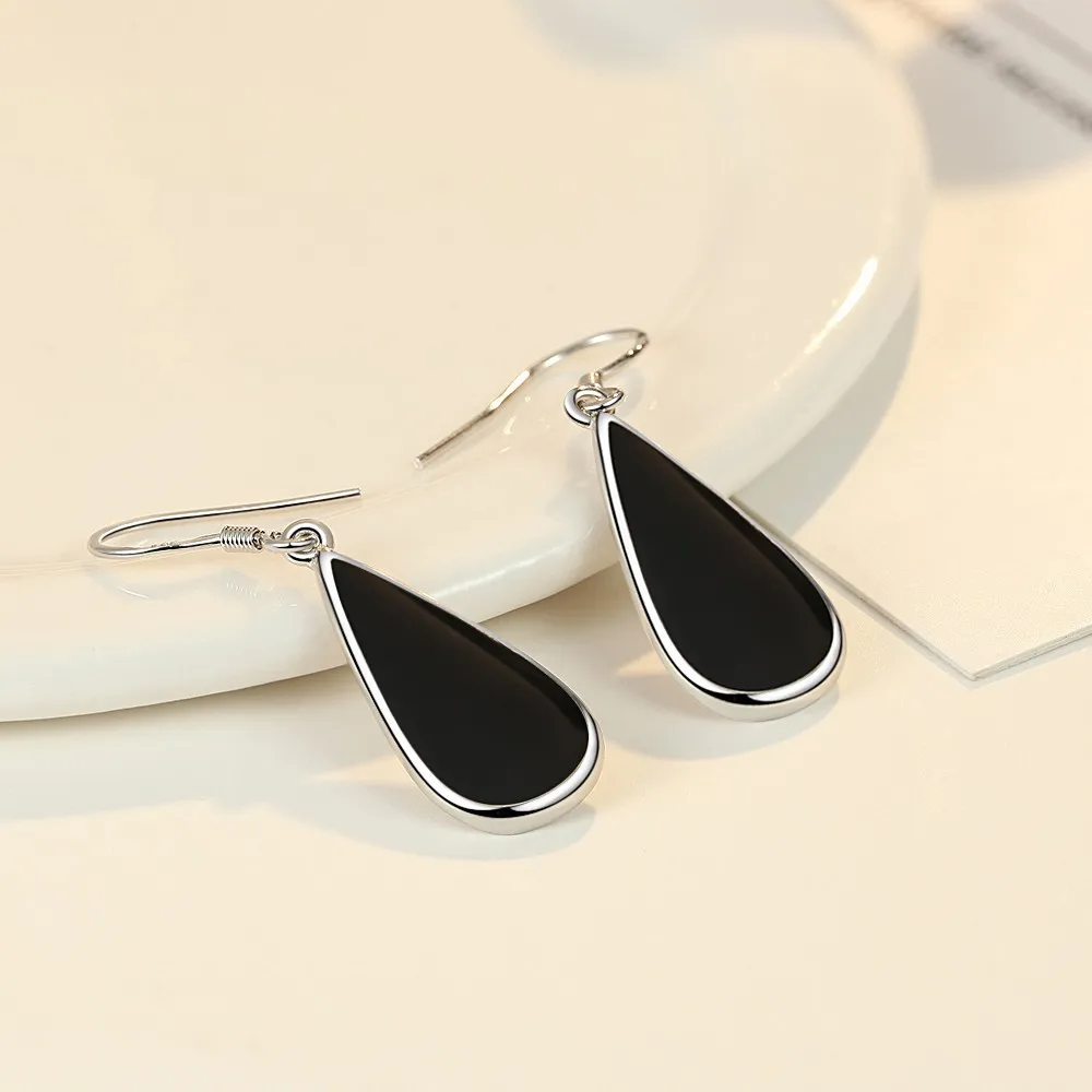 Buyee 925 Sterling Silver Big Drop Earring Light Smooth Black Acrylic Long Dangle Earring for Woman Fashion Fine Jewelry Earring