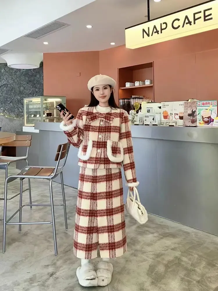 New Year Soft Plaid Tweed Party Two Piece Set Elegant Women Single Breasted Short Jacket Coat + Bodycon Midi Skirt Woolen Suits