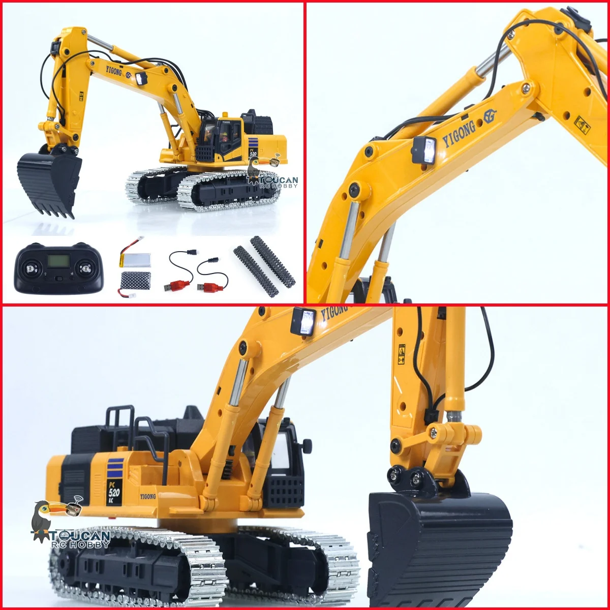 

PC520 RC Excavator 1/50 Engineering Vehicle Remote Control Electric Lifting Digger Metal Bucket Tracks Light Sound RTR Battery