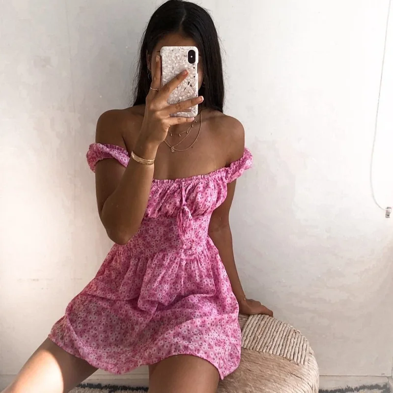 

25 Year Summer New One Shoulder Small Floral Sexy Short Sleeved Dress -8301