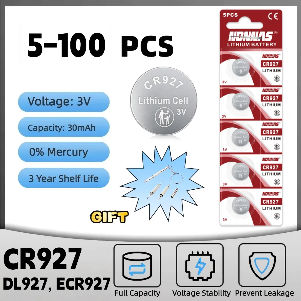 

3-100Pcs CR927 3V Lithium Coin Cell Button Battery DL927 BR927 Compatible For Watch Car Key Fob Remote Clock Electronic Device