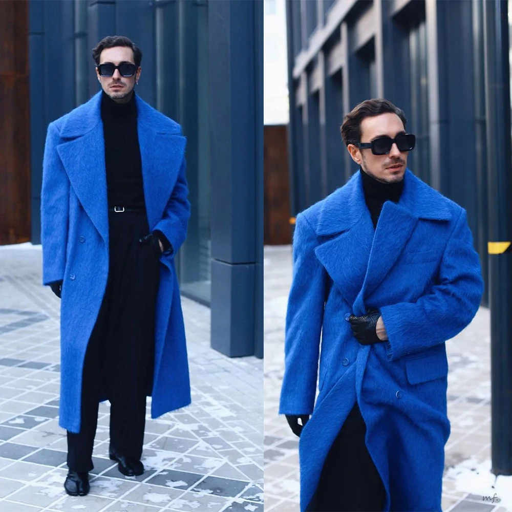Blue Men's Wool Suit Double Breasted Oversized Peak-lapel Striking Blue 1 Piece Winter Warm Formal Set Groom Wear Customized