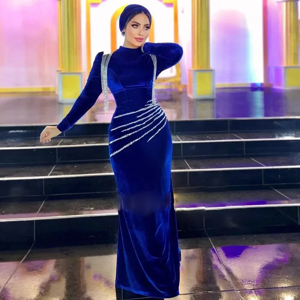 Elegante véu de noite com borla, vestido azul royal, vestido formal de baile para mulheres muçulmanas, vestido árabe, frisado, 2022