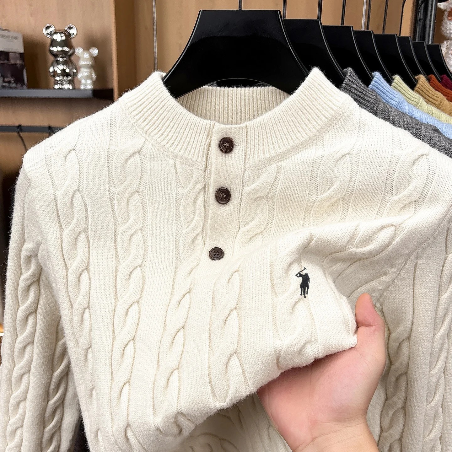 High Quality Trendy Button Collar Sweater Men New Retro Jacquard Luxury Brand Golf Pony Embroidered Winter Warm Knitted Pullover