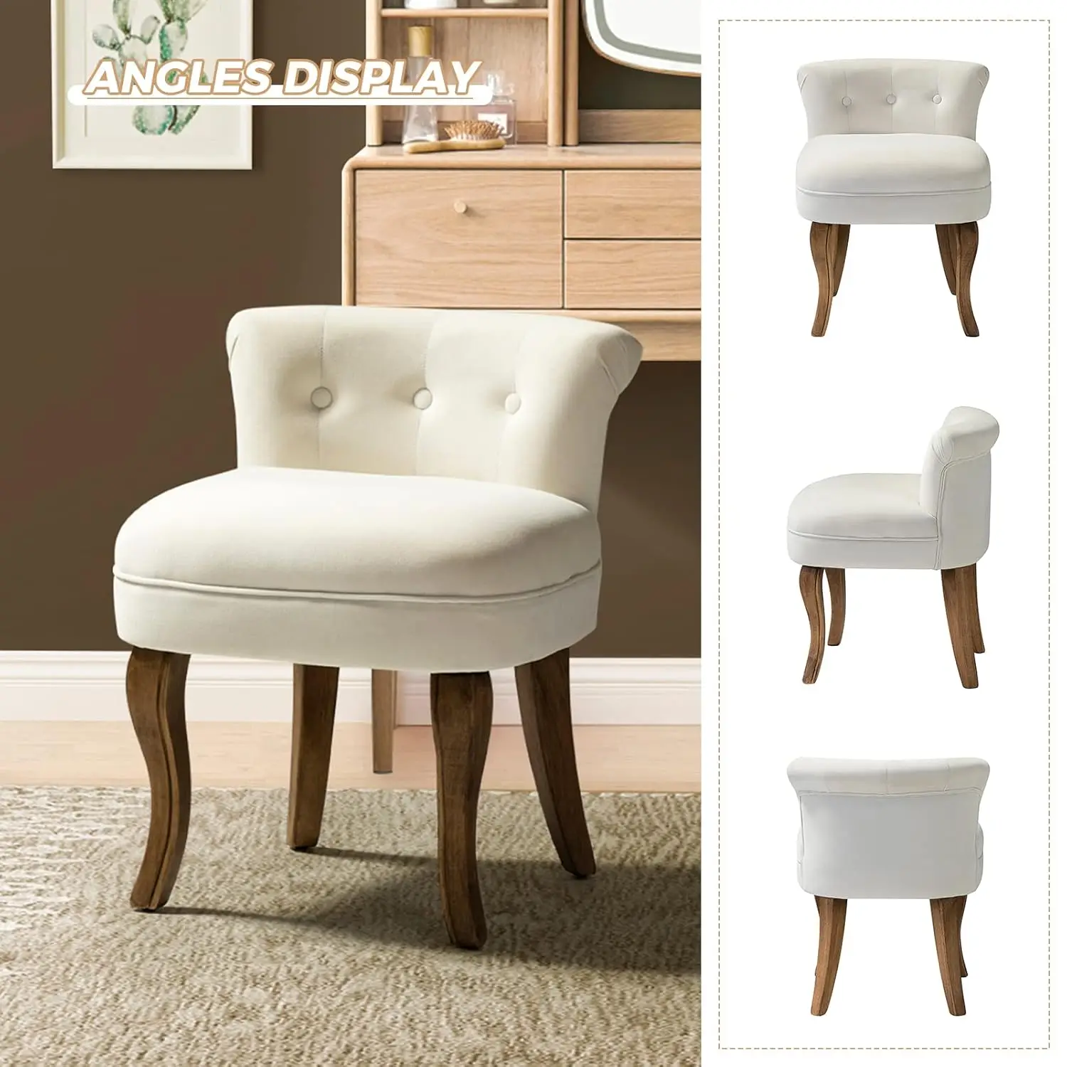 Velvet Vanity Stool with Low Back, Modern Vanity Chair with Solid Wood Legs, Small Upholstered Makeup Chair Home, Customized view 5
