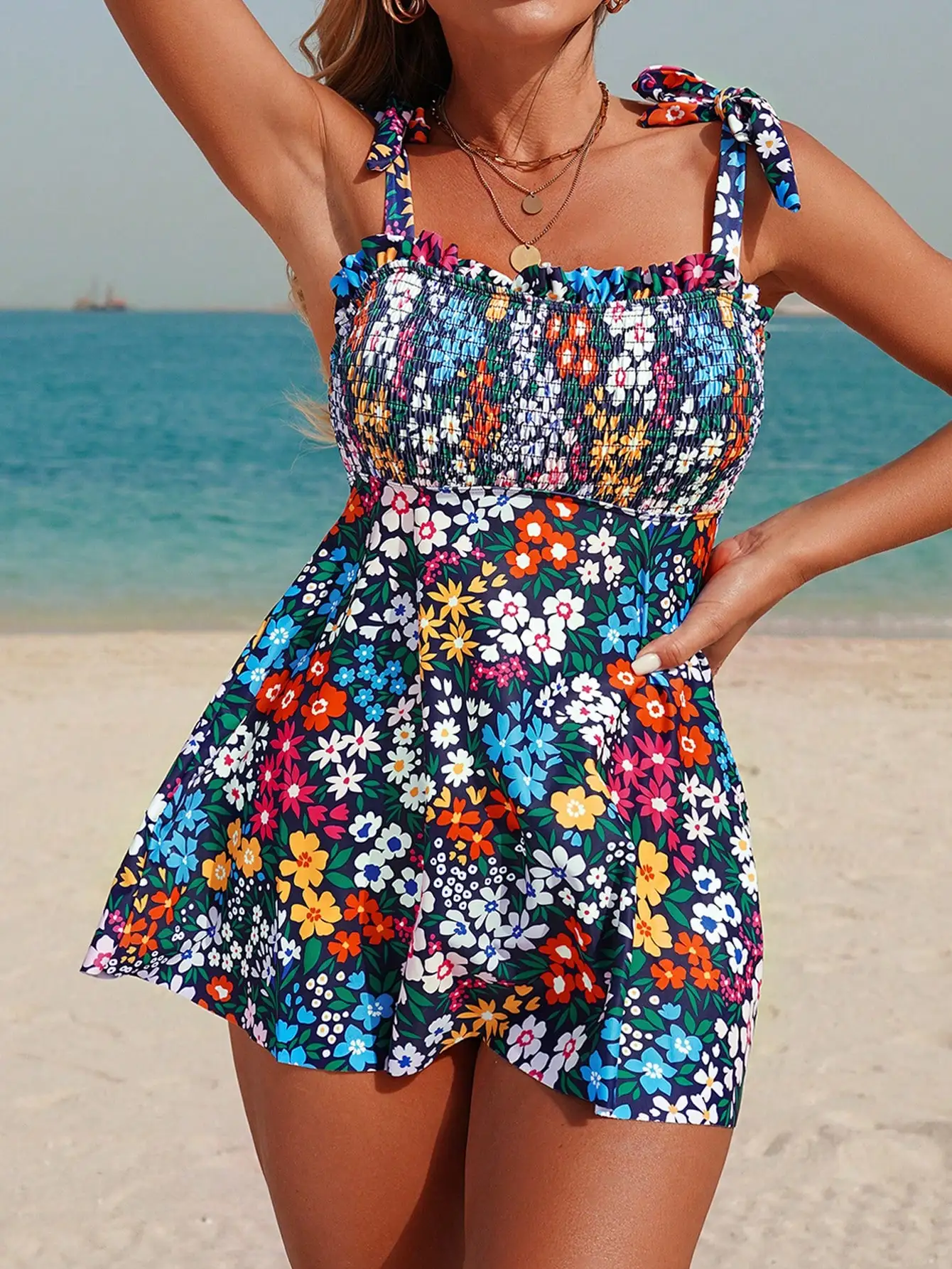 

Floral Print Two Piece Swimsuit With Bow Tie Straps And Smocked Top