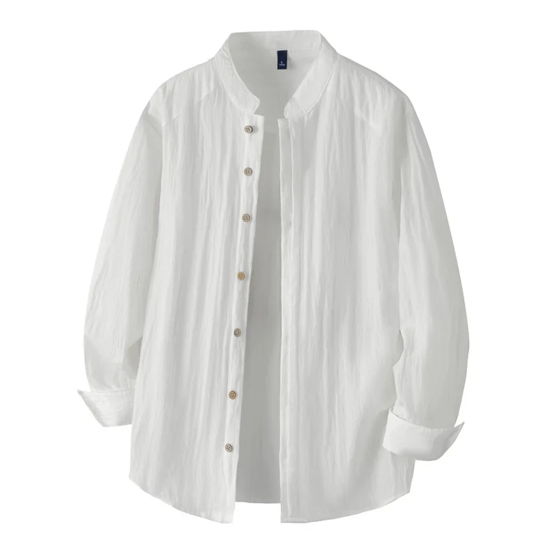 T773 Men's Stand Collar Long Sleeve Loose Casual Shirt Japan Style Solid Color Simple Basic Comfortable Breathable Daily Wear