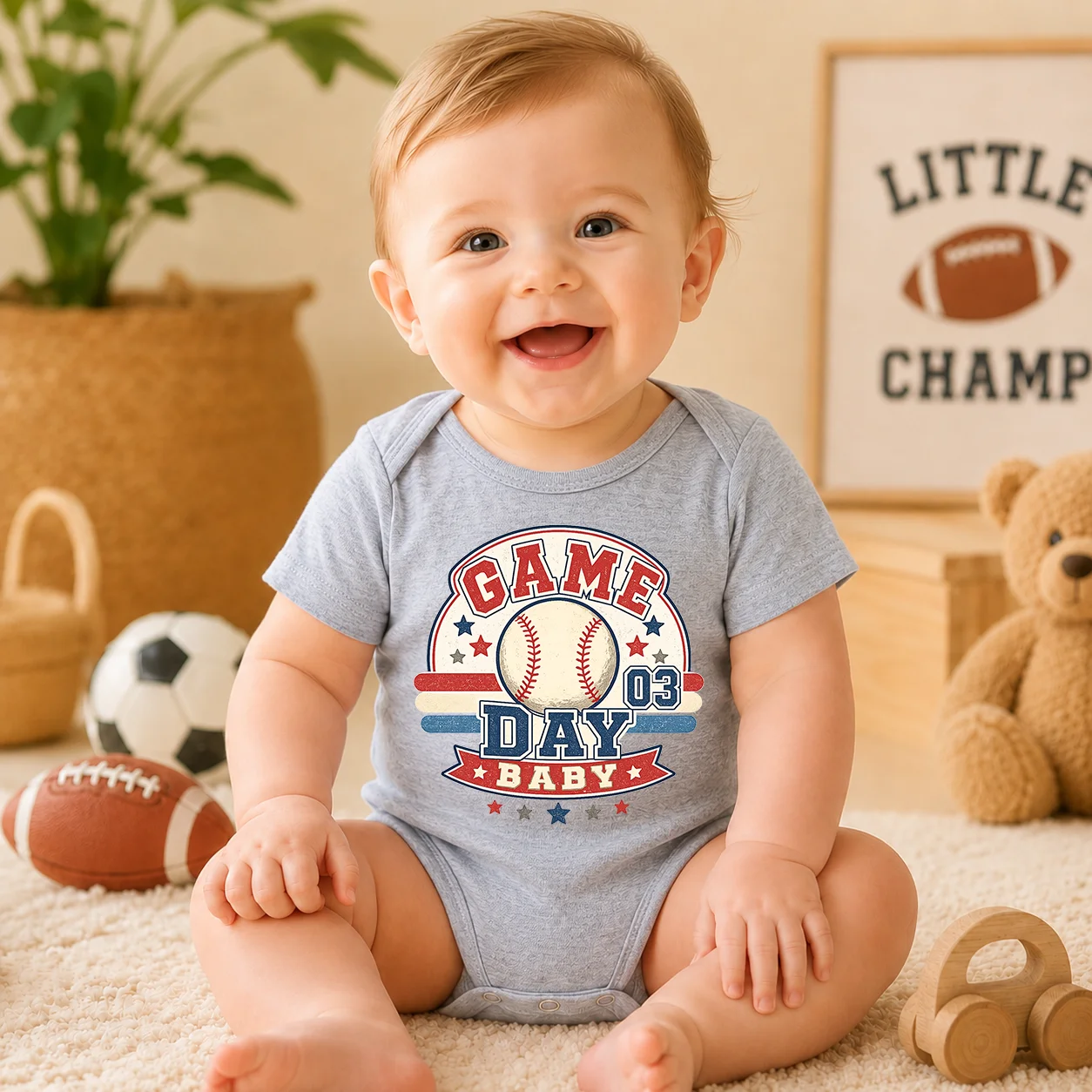 Game Day Baby Baseball Print Baby Bodysuit Short Sleeve Newborn Onesie Unisex Infant Triangle Romper Sports Theme Baby Shower Gi