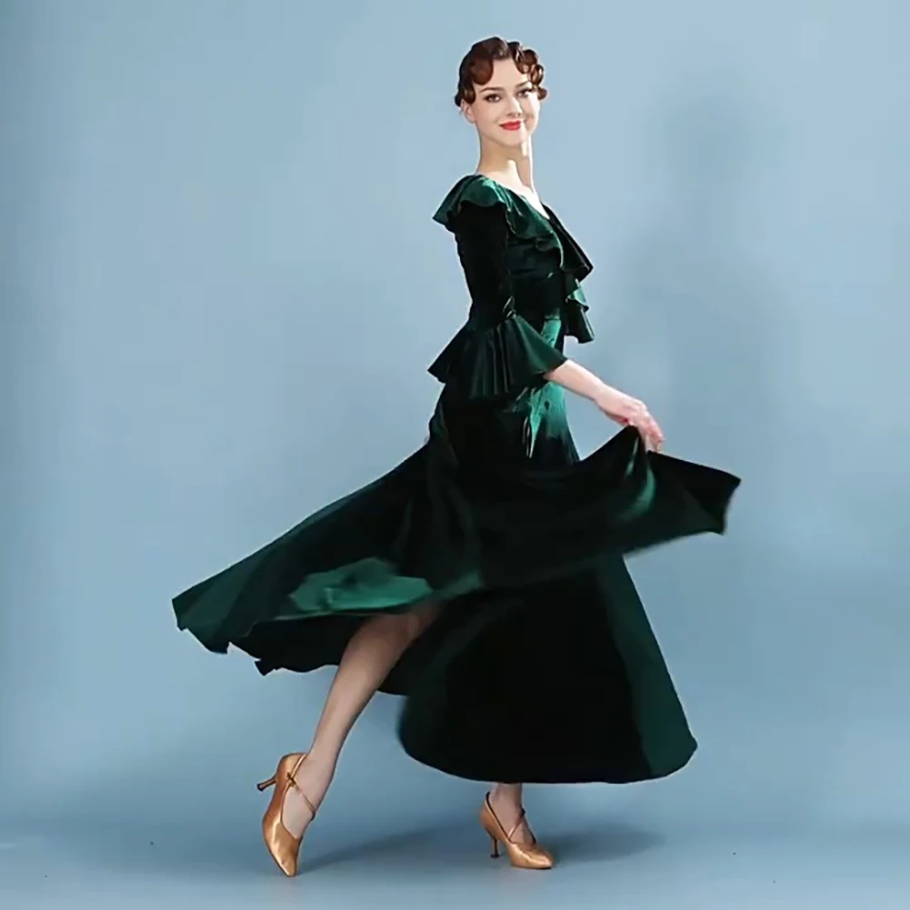 

Элегантное бархатное черное платье для бальных танцев Waltz, женский костюм 2026 года, красивый современный танцевальный костюм с длинными рукавами, бордовая юбка