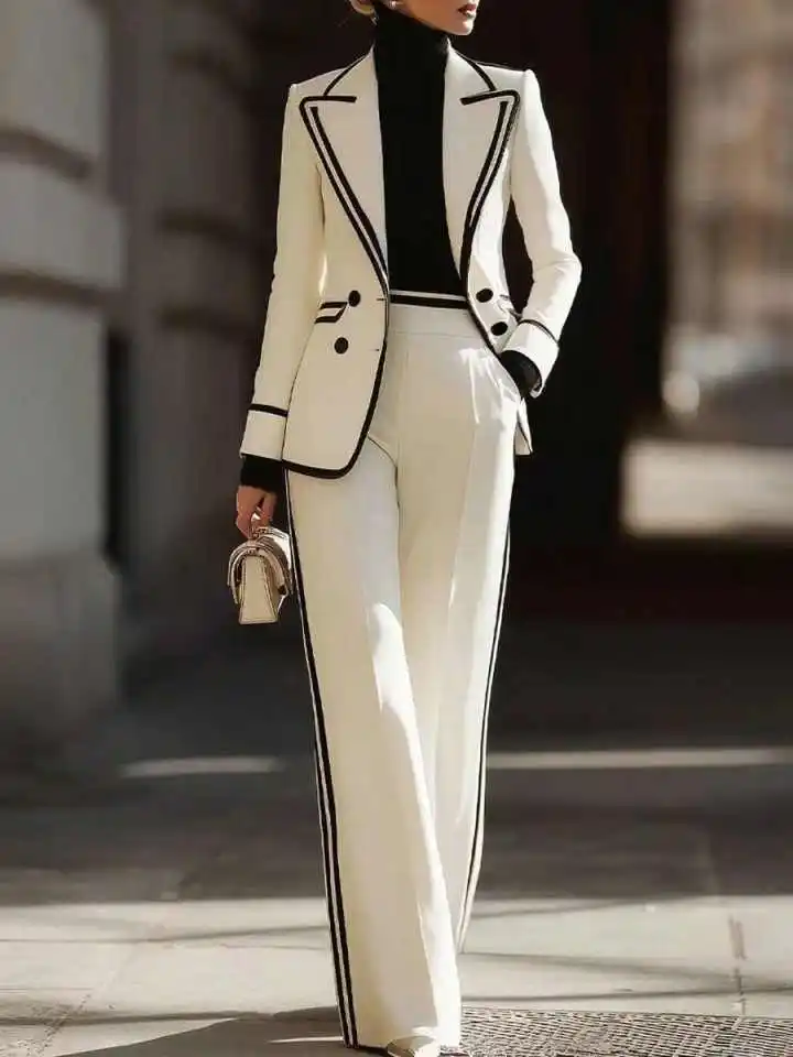 Fashion Splicing Women's Suit 2 Piece Jacket Pants Double Breasted Peaked Lapel Special Occasion Banquet Party Customized