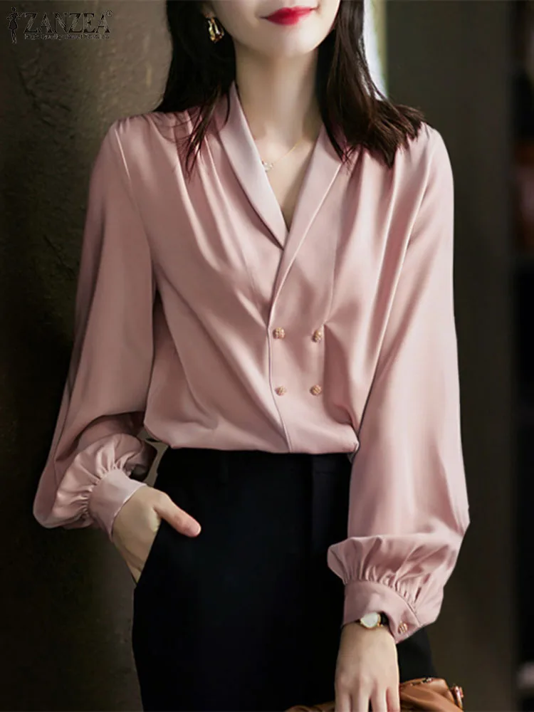 

ZANZEA Women Long Lantern Sleeve Tops Sexy Satin Silk Blouse Elegant Solid V-Neck Shirt 2023 Autumn Fashion Office Buttons Blusa