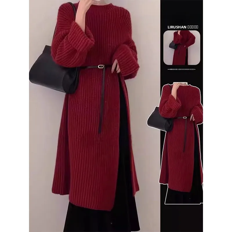 

Корейский Laid-ba Sle красный свободный вязаный свитер, пальто, женское осенне-зимнее новое поступление, комплект из двух предметов с вязаным Dr