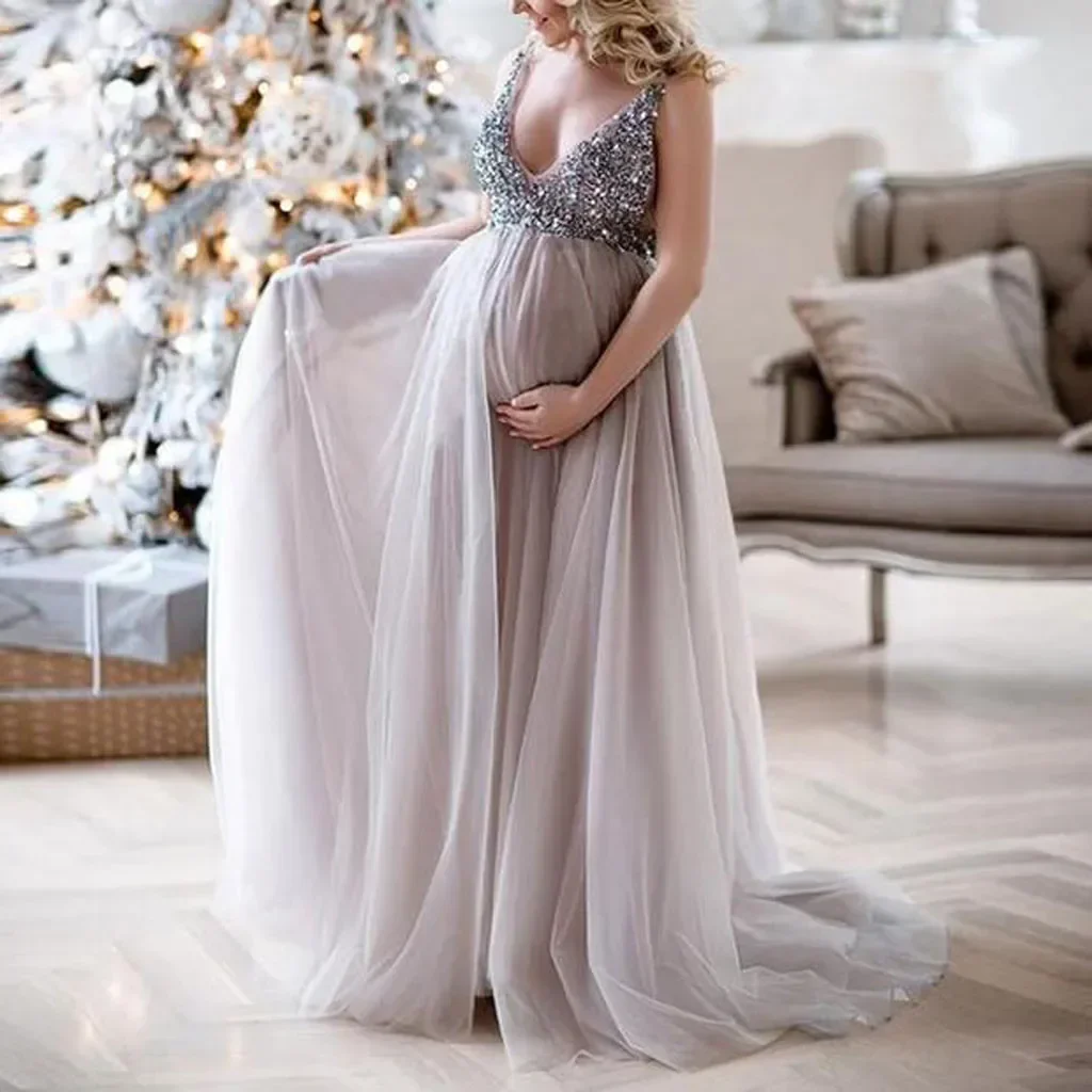 Maternity Photography Dresses Sexy Women Pregnant Sling V Neck Sequin Cocktail Maxi Prom Gown Pregnancy Dress Art Photo Dress