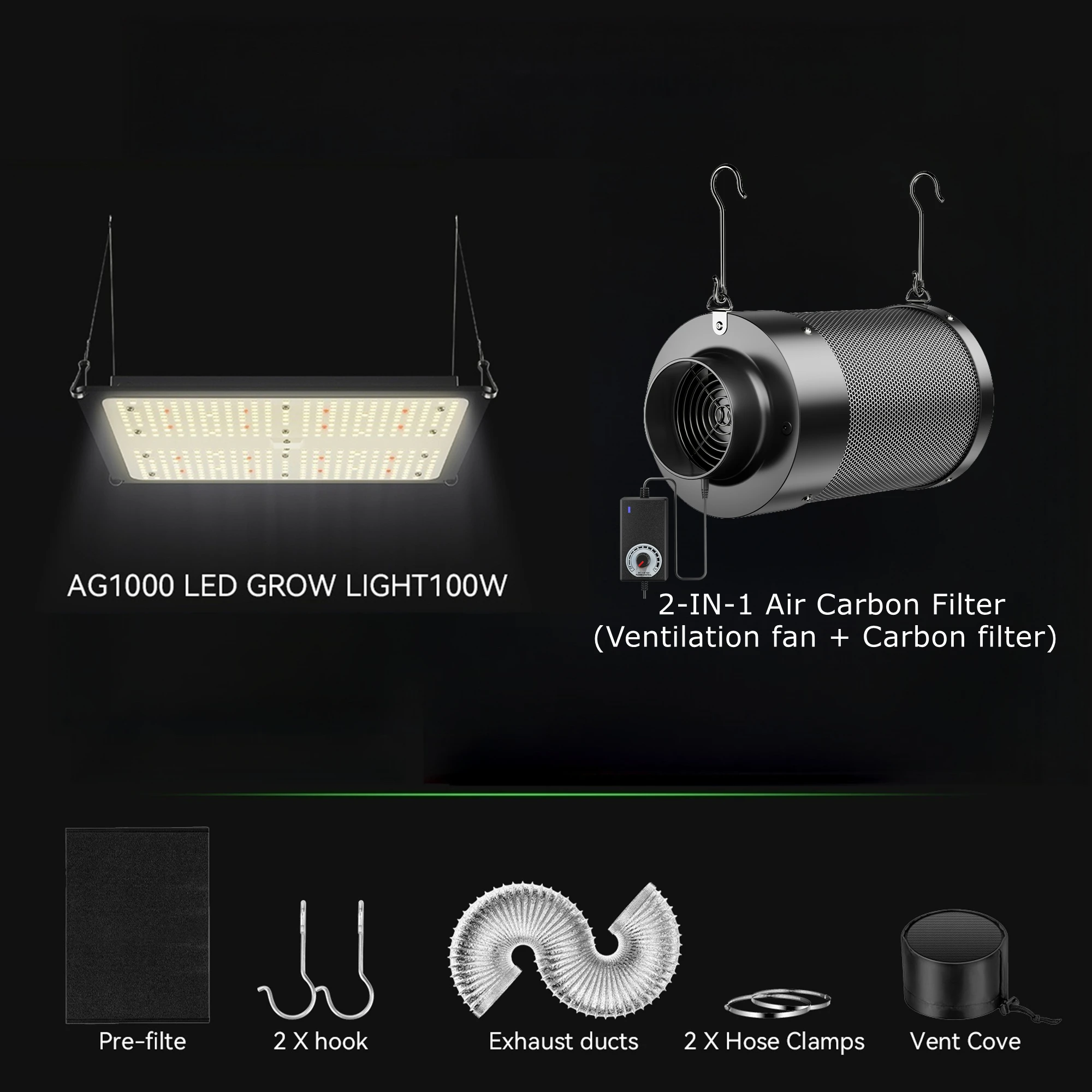 

4" Air Filtration Kit & Full Spectrum 100W LED Grow Light: Built-in Fan Air Carbon Filter，8 Ft Ducting Professional growing kit