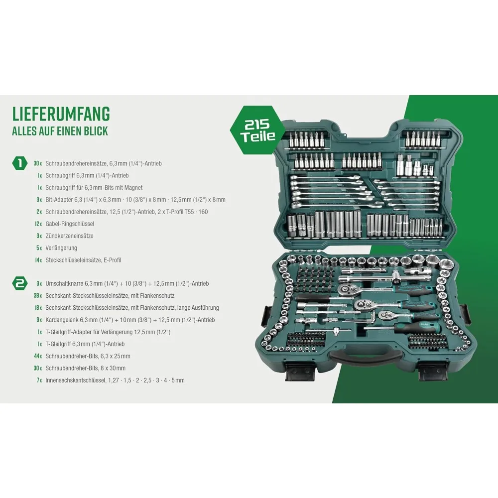 Mannesmann M98430 - Maletín con llaves de vaso yastas Herramientas (215 قطعة، حجم: 12x36x51 سم)، اللون Verde Mannesmann