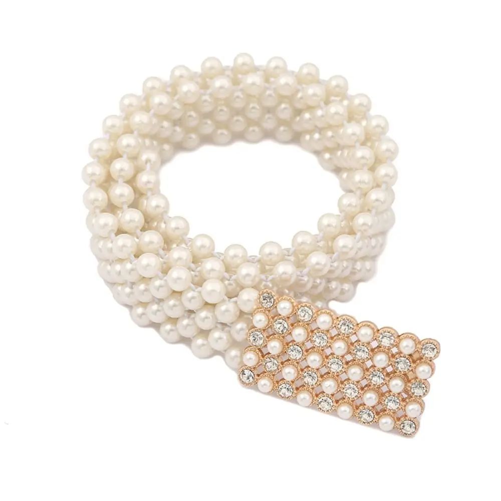 Retro Bling Pearl Waist Belt Wide Metal Buckle Elastic Waistband Long Chain Rhinestone Women Waist Belt Wedding