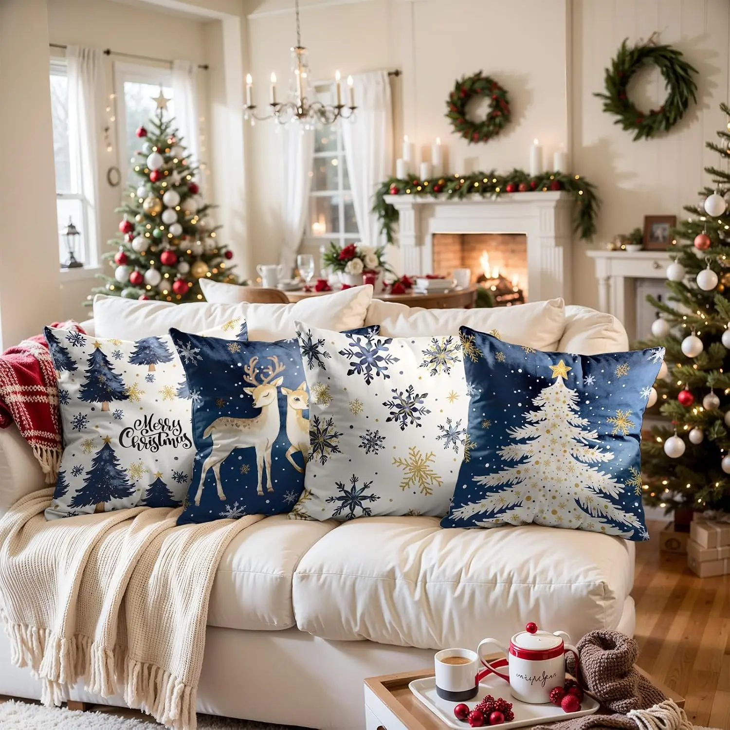 Christmas Set of 4 Double Sided Throw Pillow Covers Elegant Tree Deer Snowflake Navy Blue Gold Cushion Cases Couch Decor