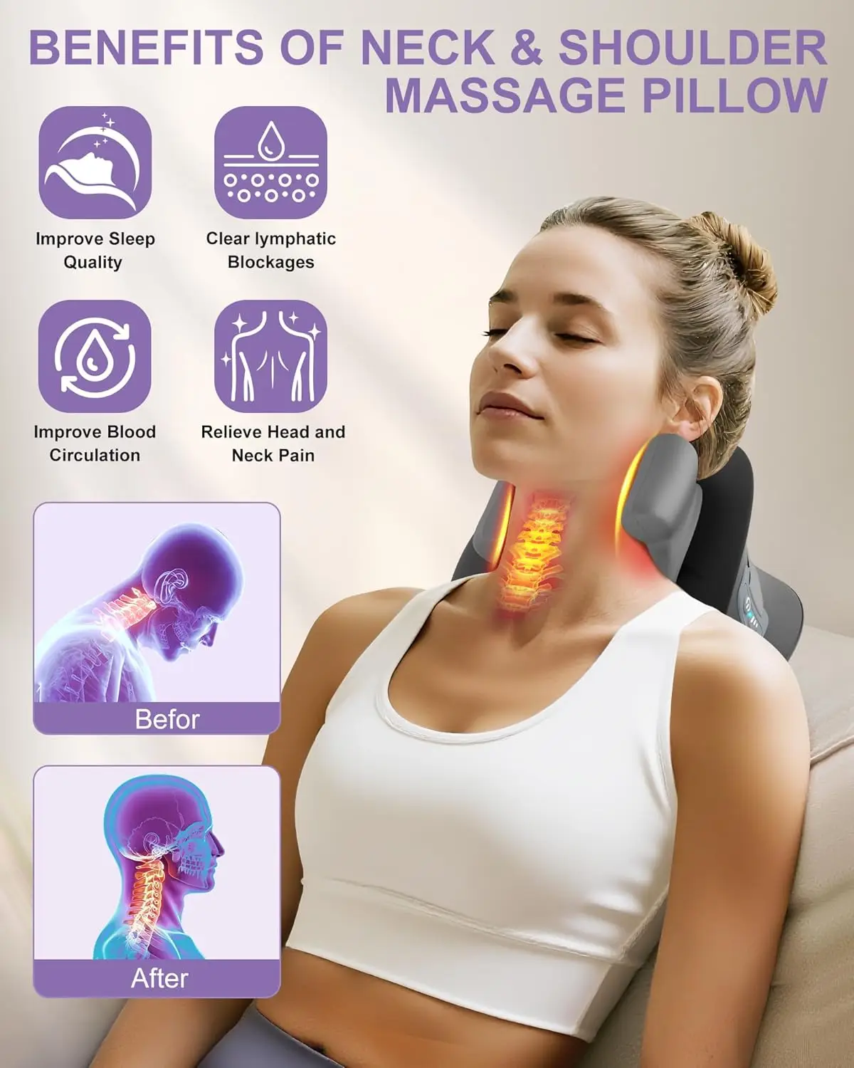Shiatsu Neck Massager with Heat, Electric Deep Tissue Kneading Massage Pillow with 10-Minute Timer for Full Body Muscle Pain Rel