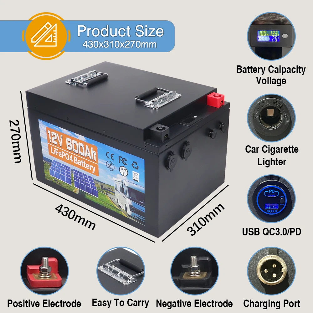 12V LiFePO4 Battery Pack 600Ah 500Ah Built-in BMS Lithium Iron Phosphate Cells 6000 Cycles For Golf Cart Solar Storage + Charger