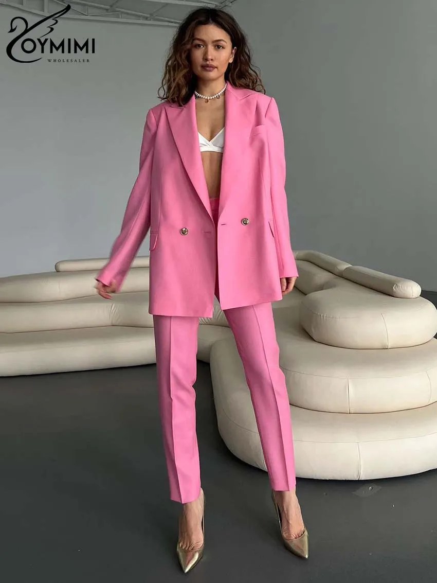 Oymimi Fashion Pink Office 2 Piece Sets Women Outfit Elegant Lapel Long Sleeve Button Shirt And Slim Ankle-Length Pants Sets