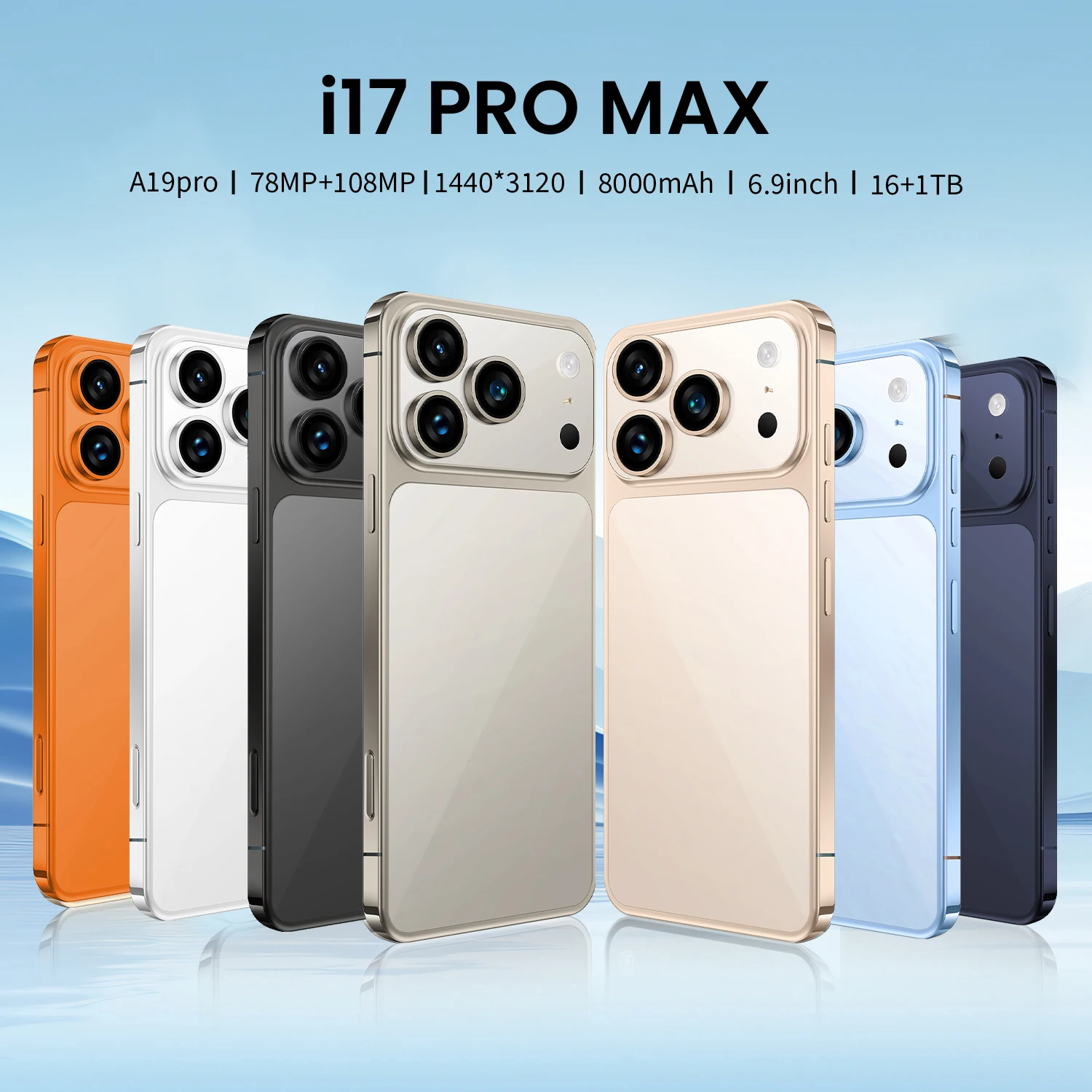 New i17 Pro Max smartphone, Android  15system,  camera button with side fingerprint unlock. Supports dual SIM, WiFi, GPS & Googl