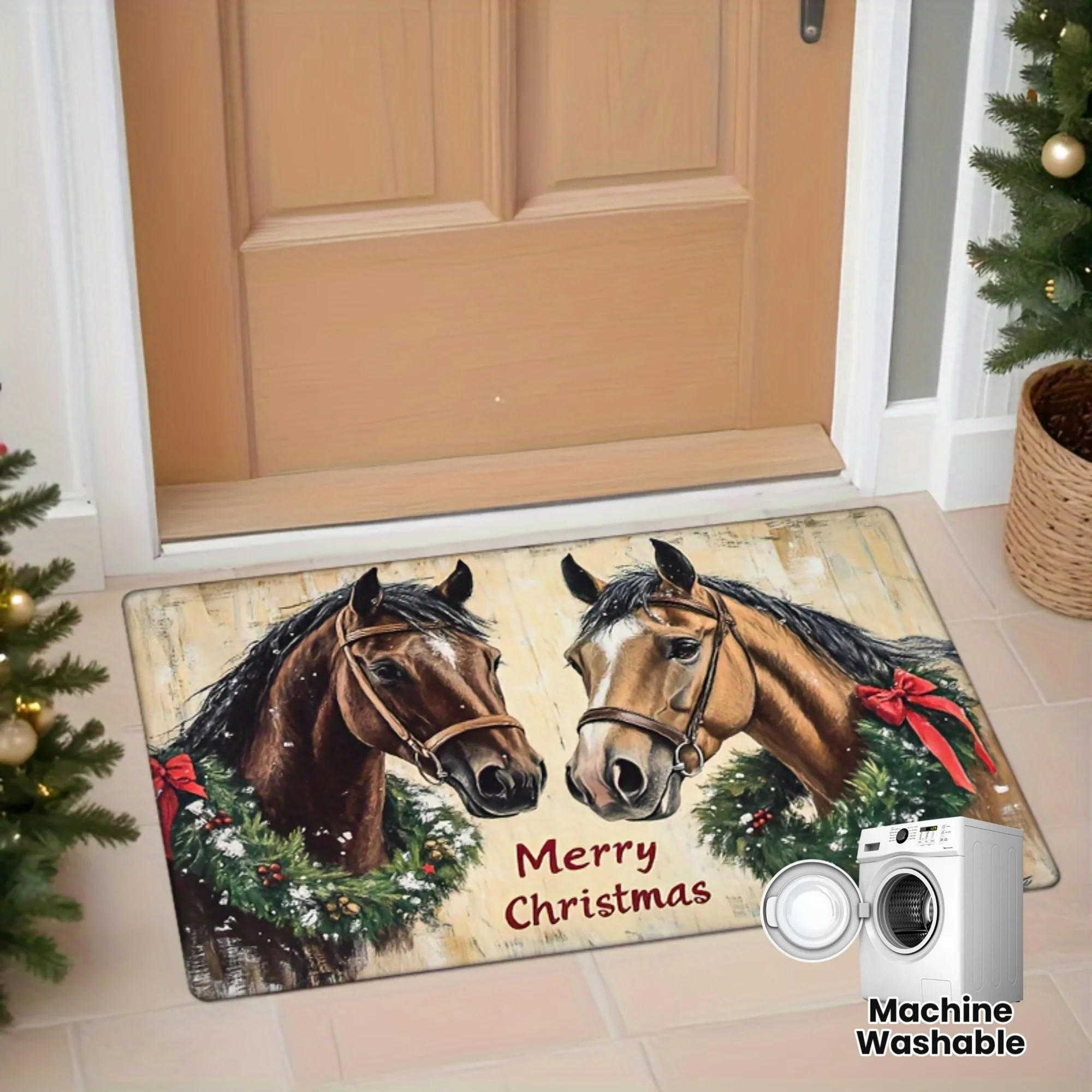 

VIKAMA Christmas Horse Holly Wreath Printed Carpet Home Decoration, For Entrance Door, Bathroom Non-Slip Mat, Warmth In Winter