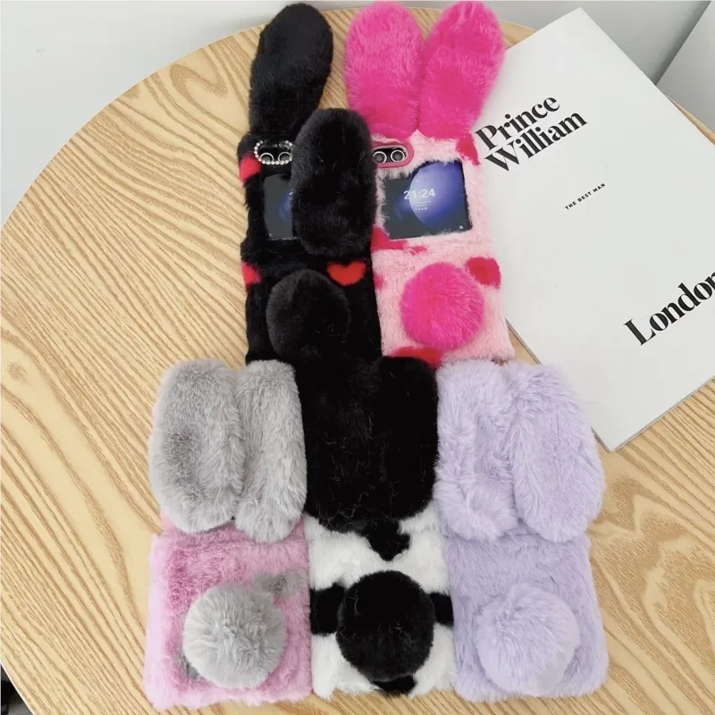 Cute Kawaii Fluffy Rabbit Ears Phone Case for Samsung Galaxy Z Flip 8 7 6 5 4 3 7FE Bunny Plush Furry Soft Cover with Pom Pom