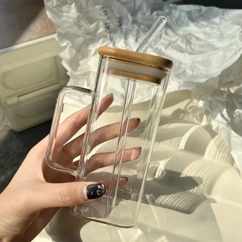

Heat Resistant Square Coffee Glass Cup - Transparent, With Lid & Straw, Milk Tea Juice Cup, Coffee Mug, Home Bar Drinkware