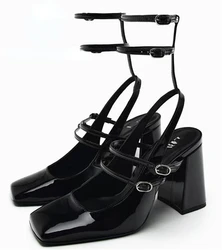 Mary Jane-Sandalias de tacón alto con punta cuadrada para mujer, zapatos de tacón grueso, cómodos, de diseño, a la moda, color negro, para verano