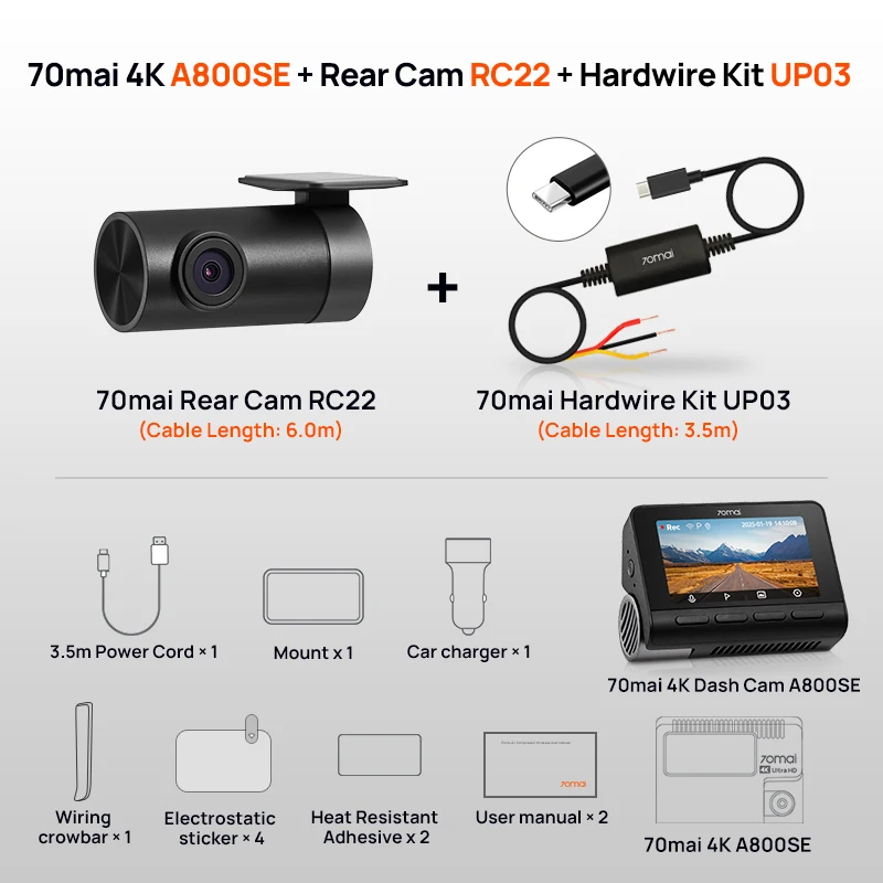 アクセサリー 70mai Dash Cam 4K A800SE Set 70mai A800SE Dash Cam 4K UHD Cinema-quality Built-in GPS ADAS