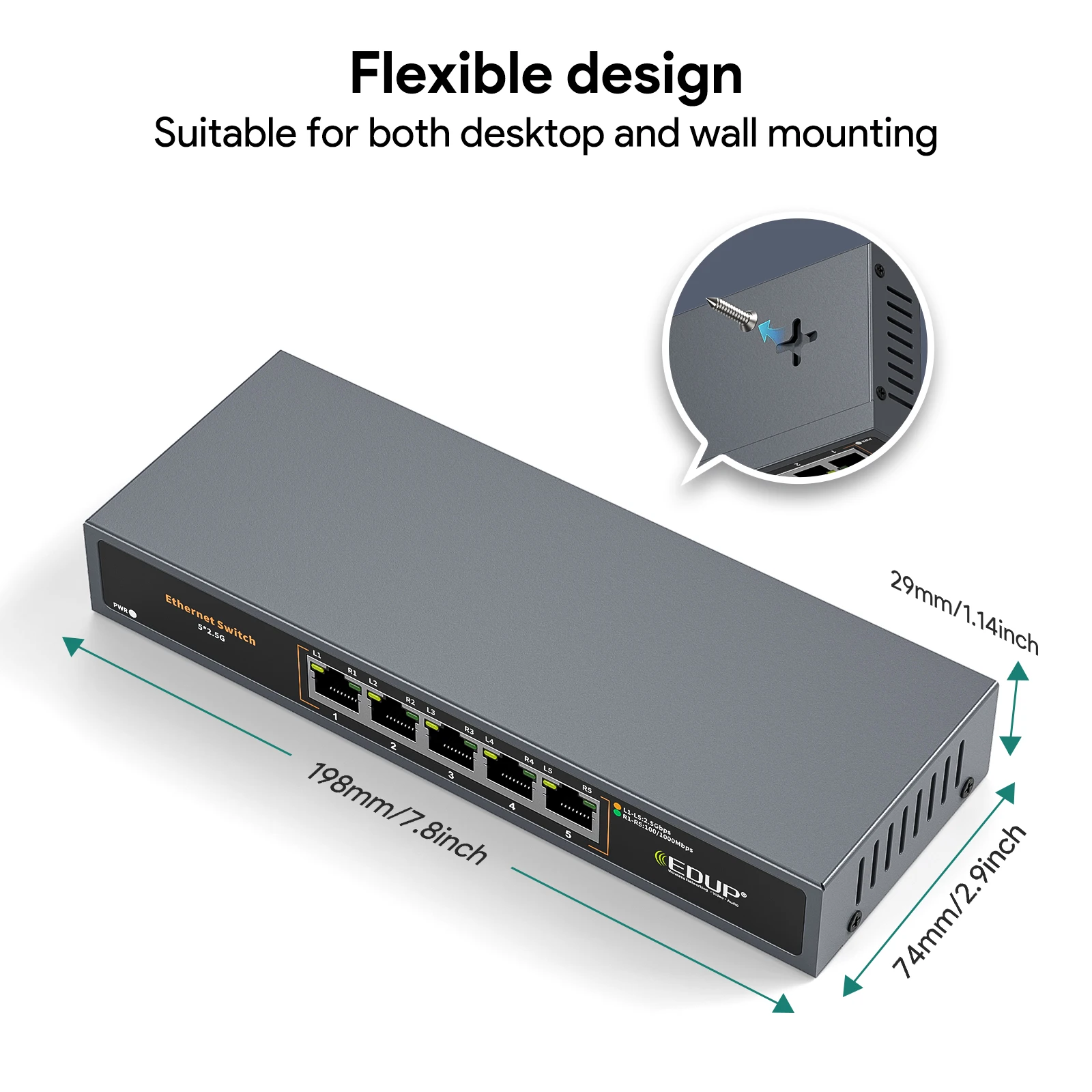 EDUP EP-SG7821 สวิตช์อีเธอร์เน็ต 5 พอร์ต 2.5G พร้อมดีไซน์ Plug-and-Play ขนาดกะทัดรัดความเร็ว 25Gbps สําหรับเครือข่ายความเร็วสูงสําหรับเดสก์ท็อป