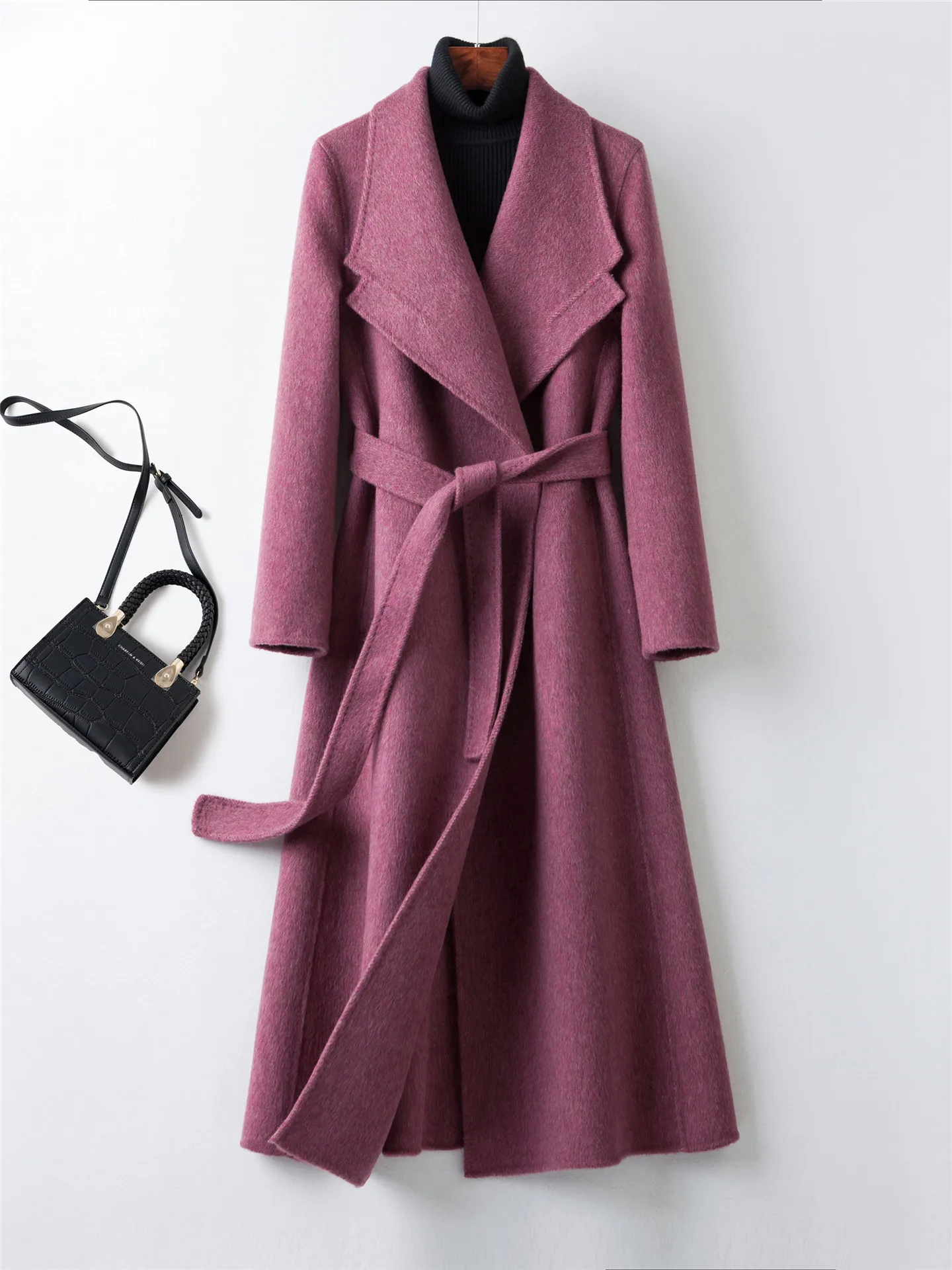 

Двустороннее кашемировое пальто женское удлиненное осенне-зимнее в стиле Хепберн с отложным воротником, цвет сливовый розовый, элегантное шерстяное пальто с открытыми плечами