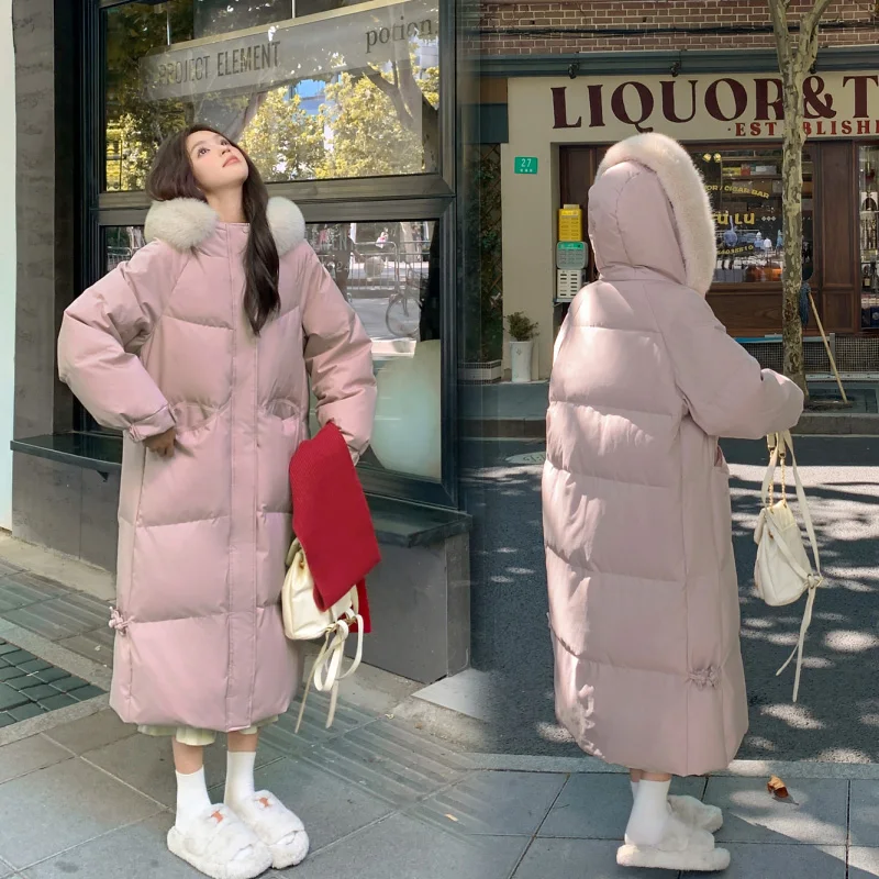 

Female Long Solid Color Outerwear 2025 Fashion Fur Collar Hooded Winter Parkas Women's Thick Warm Cotton Padded Coats