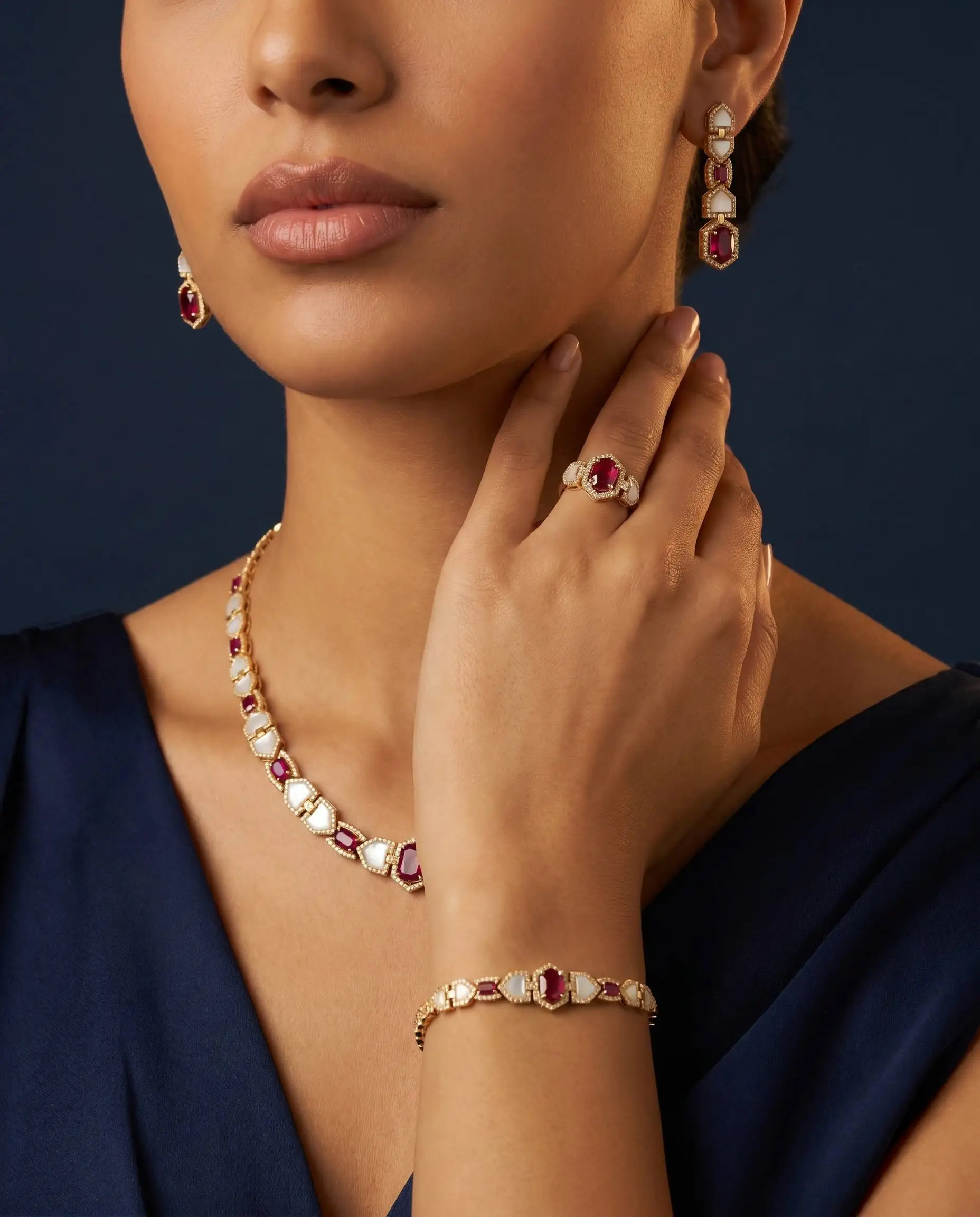 Bride Talk 18K Gold Plated 4Pcs Ruby CZ MOP Jewelry Necklace Earrings Bracelet Ring Dubai Bride Wedding Jewellery Wholesale