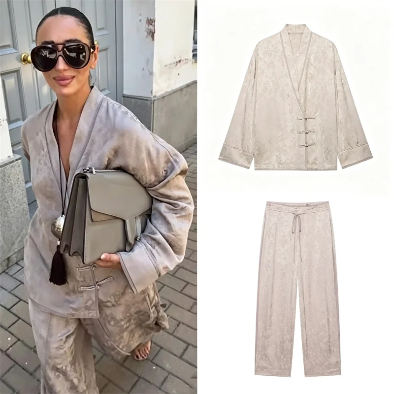 Guobioziy Women's Suit 2026 Early Fall New Style Fashion V-Neck Jacquard Double-Breasted Blazer Loose Wide-Leg Pants
