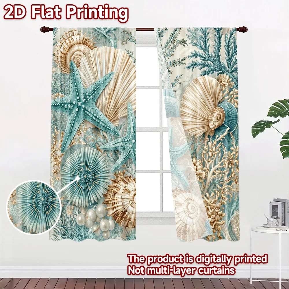 2D flat 2pcs Curtain Modern Minimalist Style Curtains Coastal Shells and Starfish Digitally printed polyester, colorfast Party