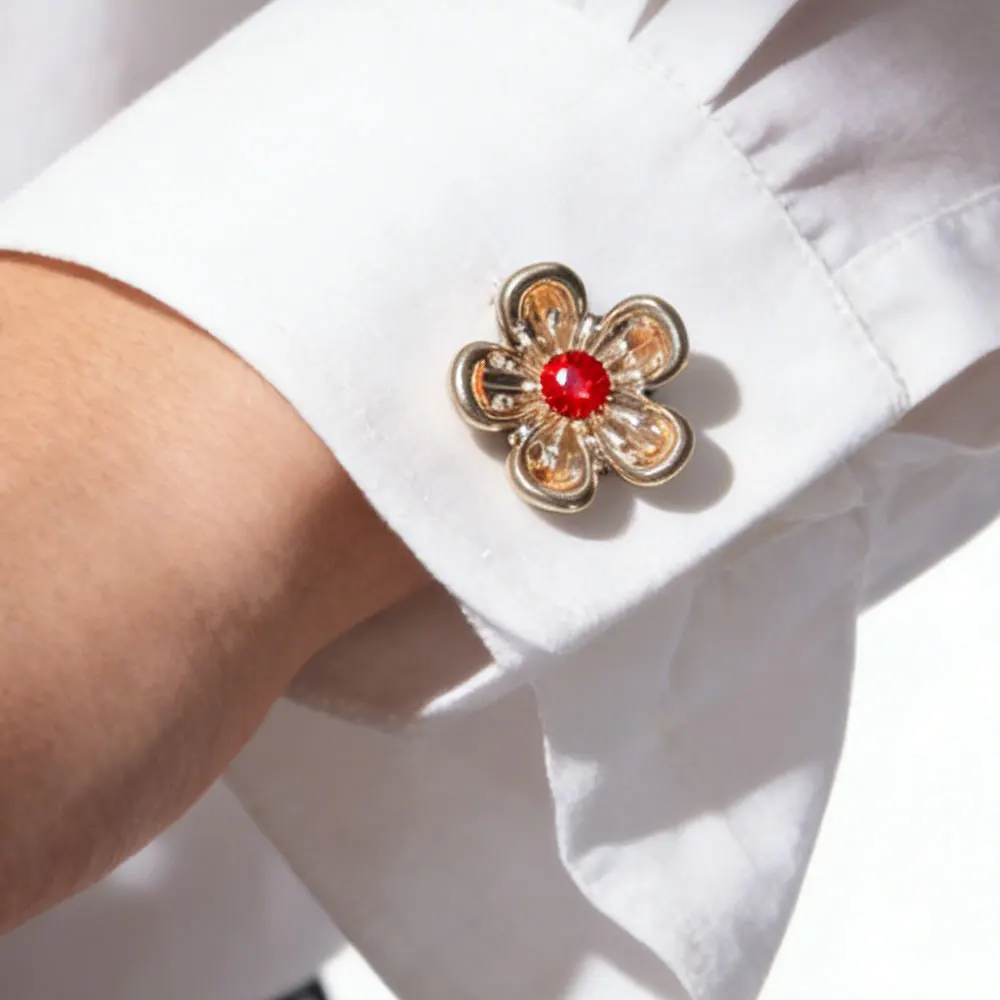 10PCS Gold-Plated Flower Decorative Buttons Wavy Petal Red Gemstone Rhinestone for Shirt Cuff Dress
