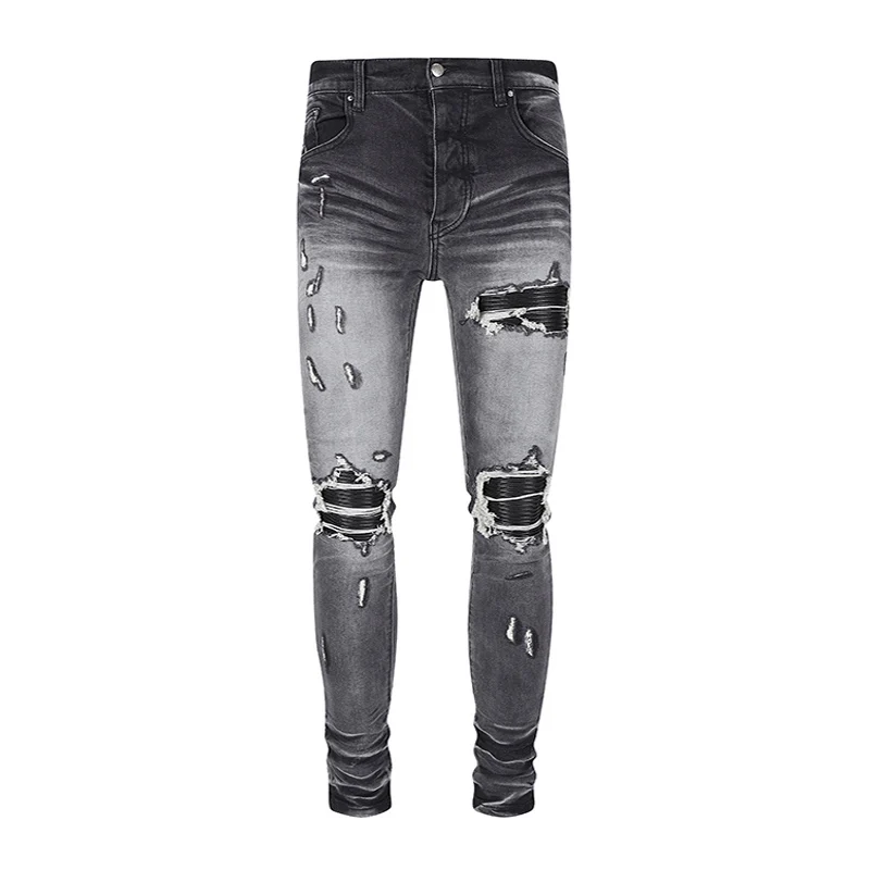 High Street Designer Fashion Men Jeans Retro Black Gray Stretch Slim Fit Patched Ripped Jeans Men Y2K Hip Hop Brand Denim Pants