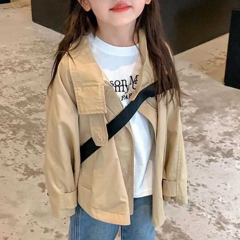 Spring Autumn Kawaii Sweet Solid Girls' Trench Stand Neck Long Sleeve Fashion Children's Clothing Chic Outerwear Cute Kids Tops