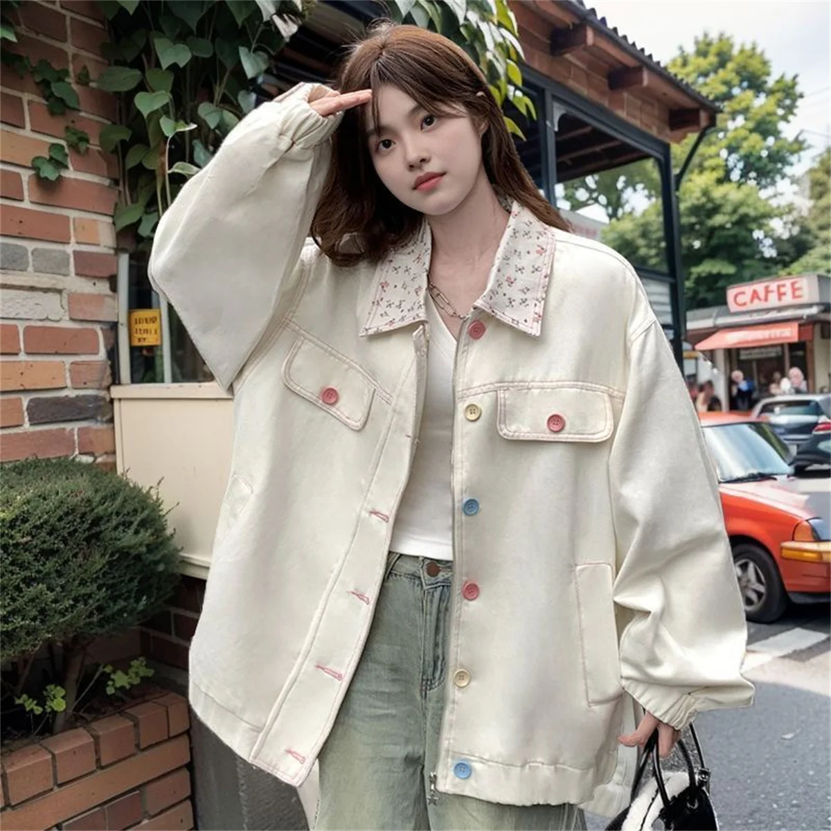 2025 ใหม่สาวหวานฤดูใบไม้ผลิและฤดูใบไม้ร่วงบางสีทึบเสื้อลําลอง Dressing คอลเลกชันแนวโน้มแฟชั่นอเนกประสงค์ลมขี้เกียจ