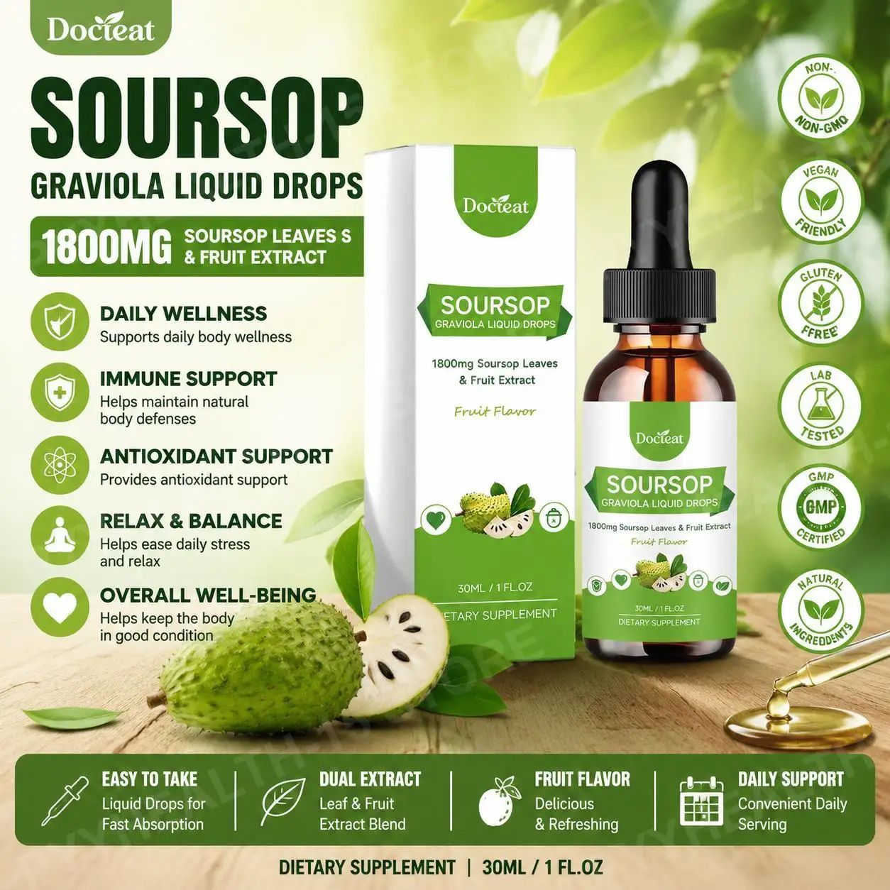 DOCTEAT Soursop Graviola Liquid Drops, 500 mg Leaf & Fruit Extract, 1800 mg Raw Herb Equivalent, Daily Vitality Support, 30 mL