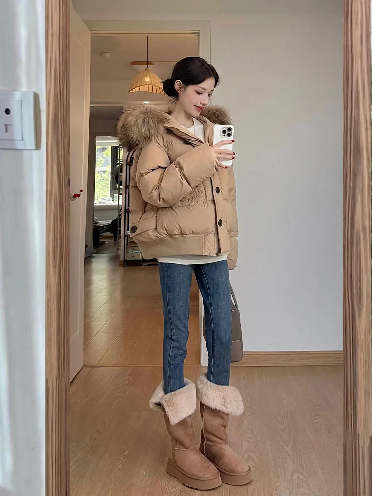 

Американская ретро-куртка из утолщенного хлопка для женщин, зимняя, маленького размера, теплая парка с большим меховым воротником