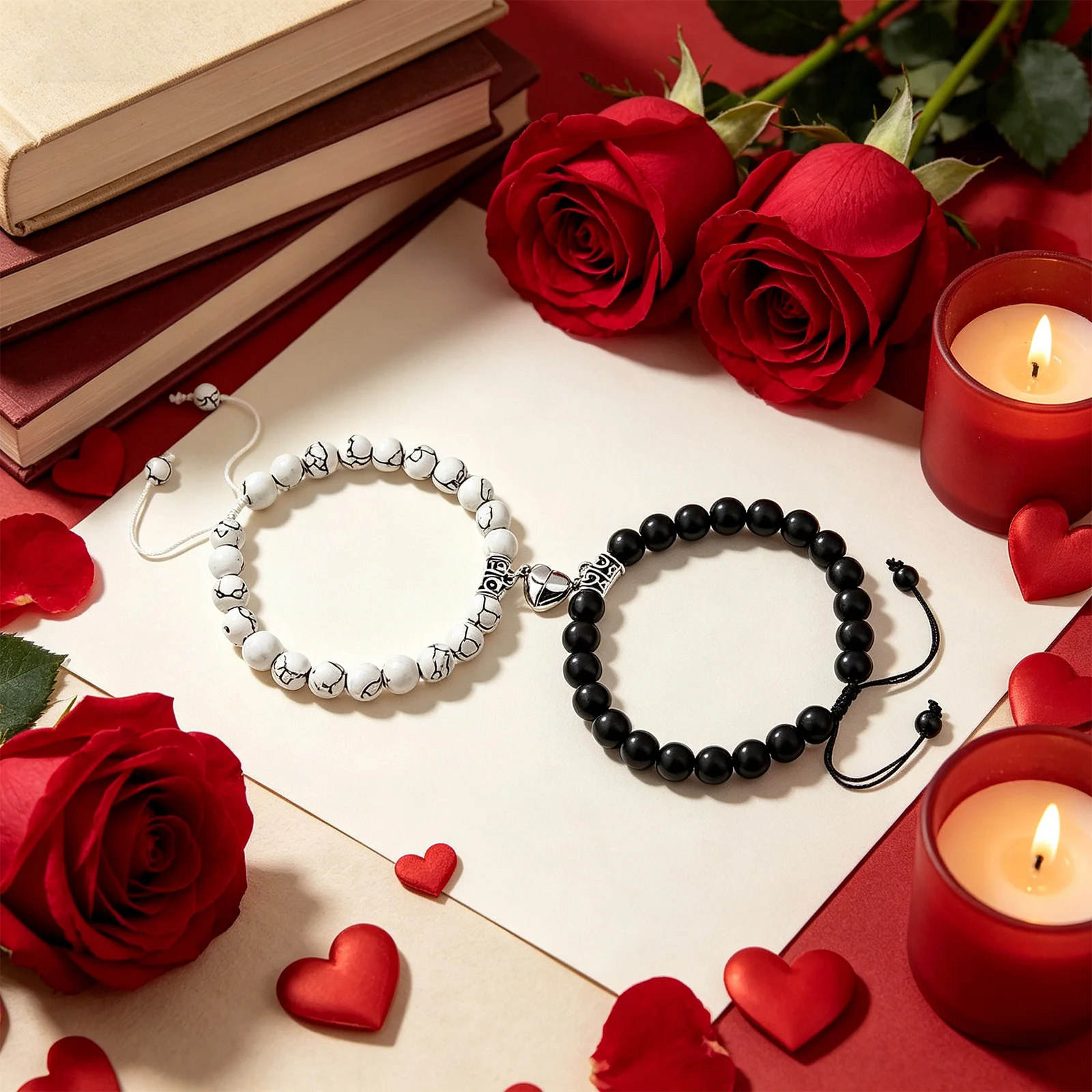 2PC Fashion Couple Bracelet White and Black Bracelet Set Heart-shaped Magnetic Bracelets Valentine's Day Gifts