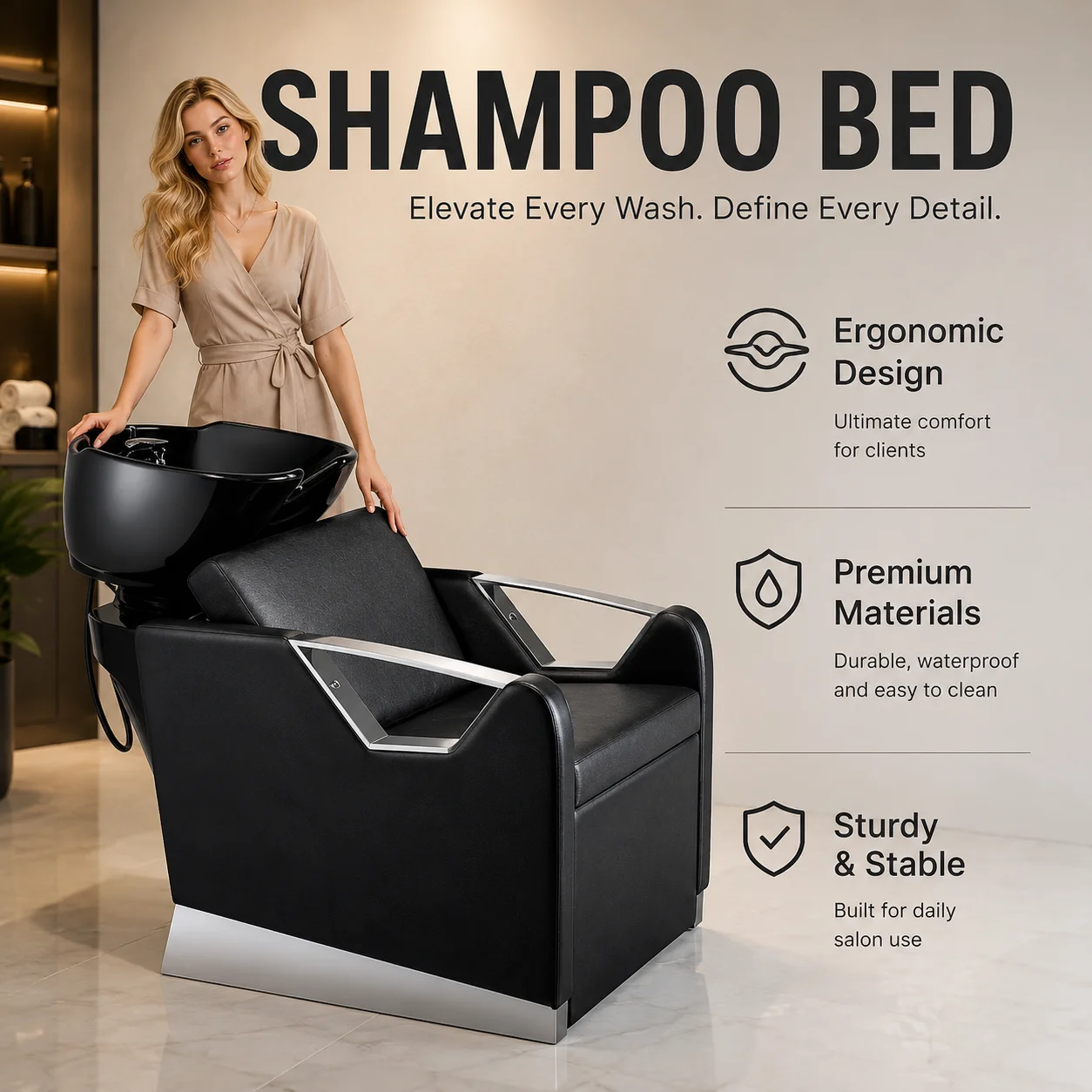 Professional Shampoo Backwash Unit Salon Hair Washing Chair With Ceramic Basin PU Leather Reclining Seat